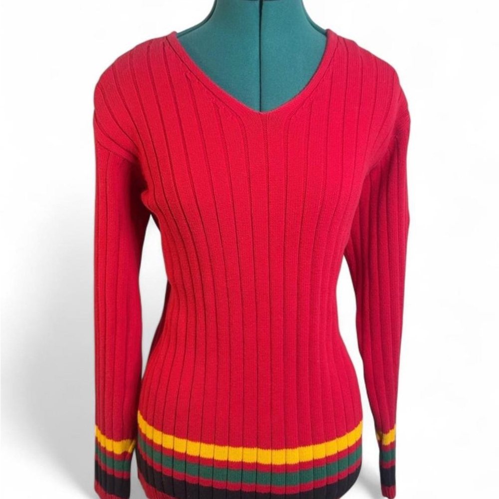 Tommy Hilfiger Red V-Neck Sweater with Colorful Stripes